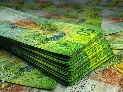 Swiss money. Swiss franc banknotes. 50 CHF francs bills.