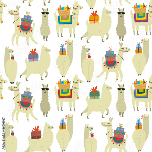 Cute alpaca character. Funny llamas family with luggage. Seamless pattern for your design