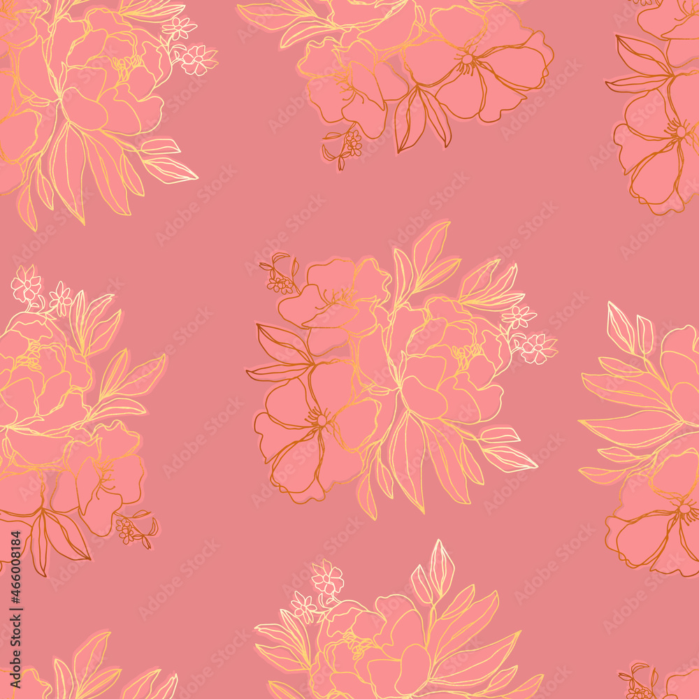 seamless pattern flowers with leaves.Botanical illustration for wallpaper, textile, fabric, clothing, paper, postcards seamless pattern flowers with leaves.Botanical illustration for wallpaper, textile, fabric, clothing, paper, postcards