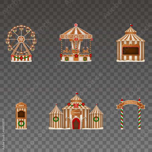 Christmas gingerbread funfair with isolated ferris wheel, carousel, stall, signboard, circus and tickets booth