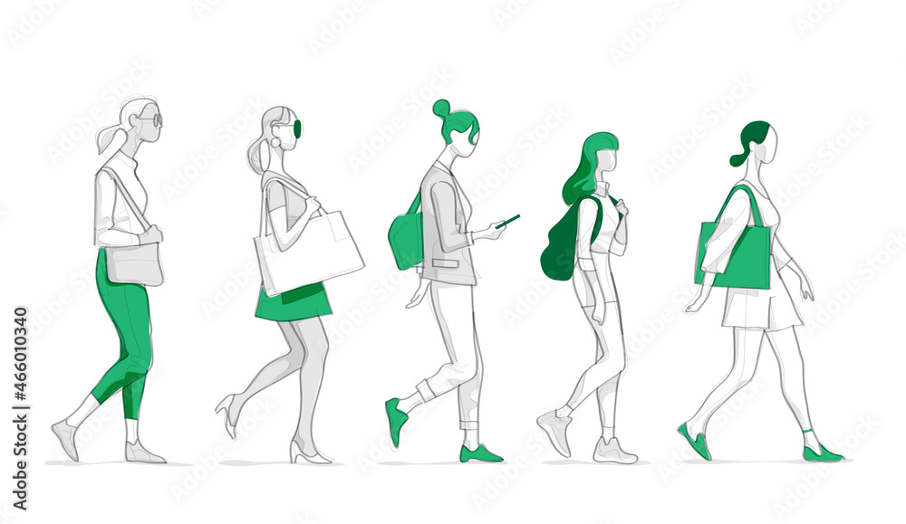 Collezione di giovani donne che camminano