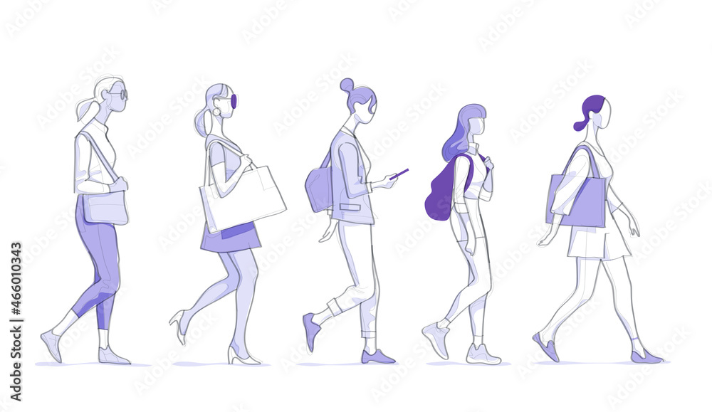 Collezione di giovani donne che camminano Collezione di giovani donne che camminano