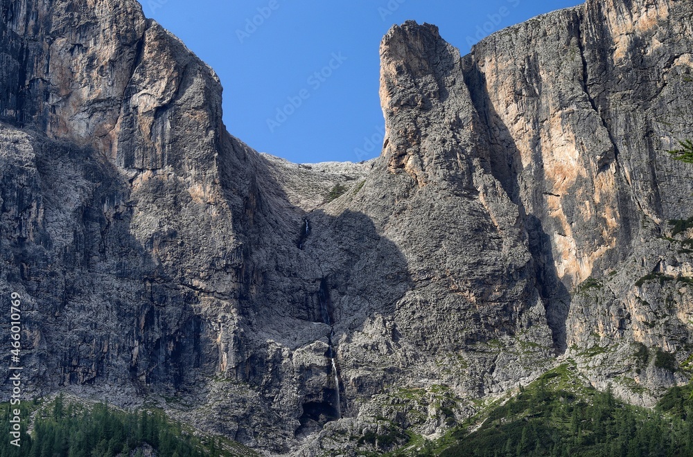 Detail of the Sella Group mountain on the Val Badia side. Dolomites, Italy
