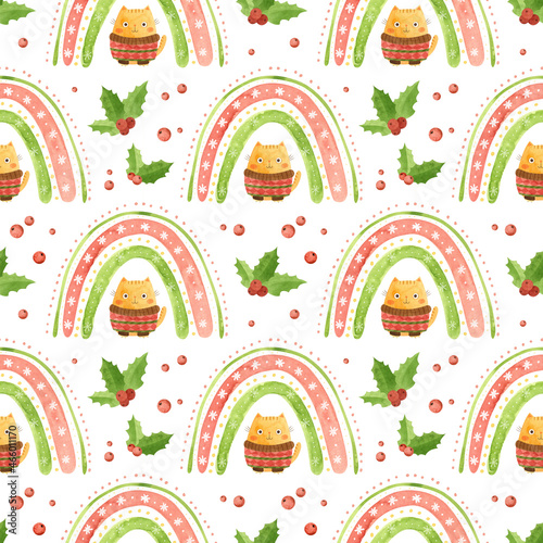 Seamless pattern with Christmas rainbow, holly leaves and cute cat with a winter sweater. Holiday digital paper on a white background.