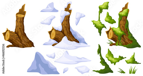 Wooden log in moss, under snow. Cartoon tree in swamp jungle. Broken oak and snowdrifts. Isolated vector elements game style on white background.