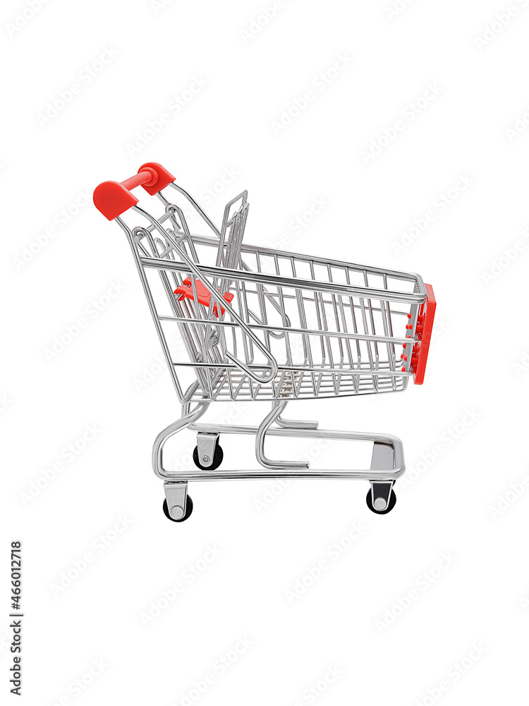 Supermarket empty trolley on wheels side view isolated