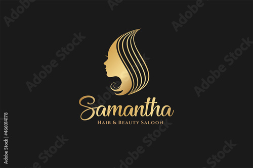 female hair lined in gold color logo design template , usable logo design for saloon, hair beauty, wedding make up, spa