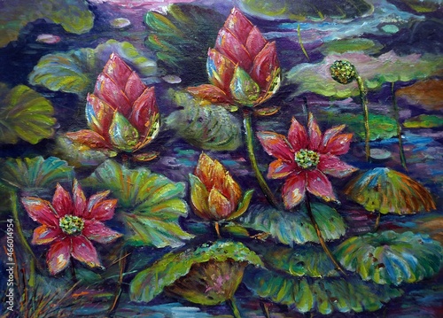 Art painting  oil  color lotus flower background from thailand   Countryside
