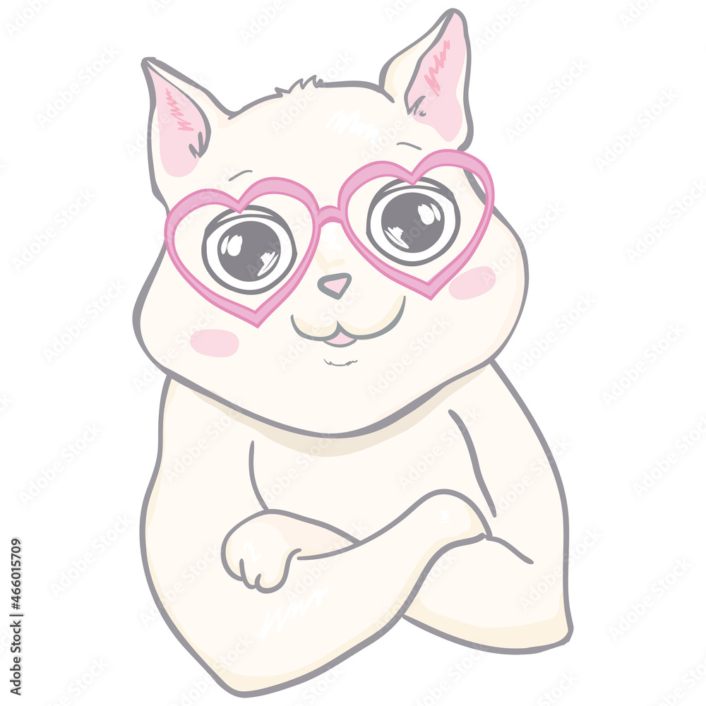 Vector cute cat illustration. Hand drawn Stylish kitten art. Doodle Kitty in glasses. Cartoon animal isolated on white. Vector cute cat illustration. Hand drawn Stylish kitten art. Doodle Kitty in glasses. Cartoon animal isolated on white.