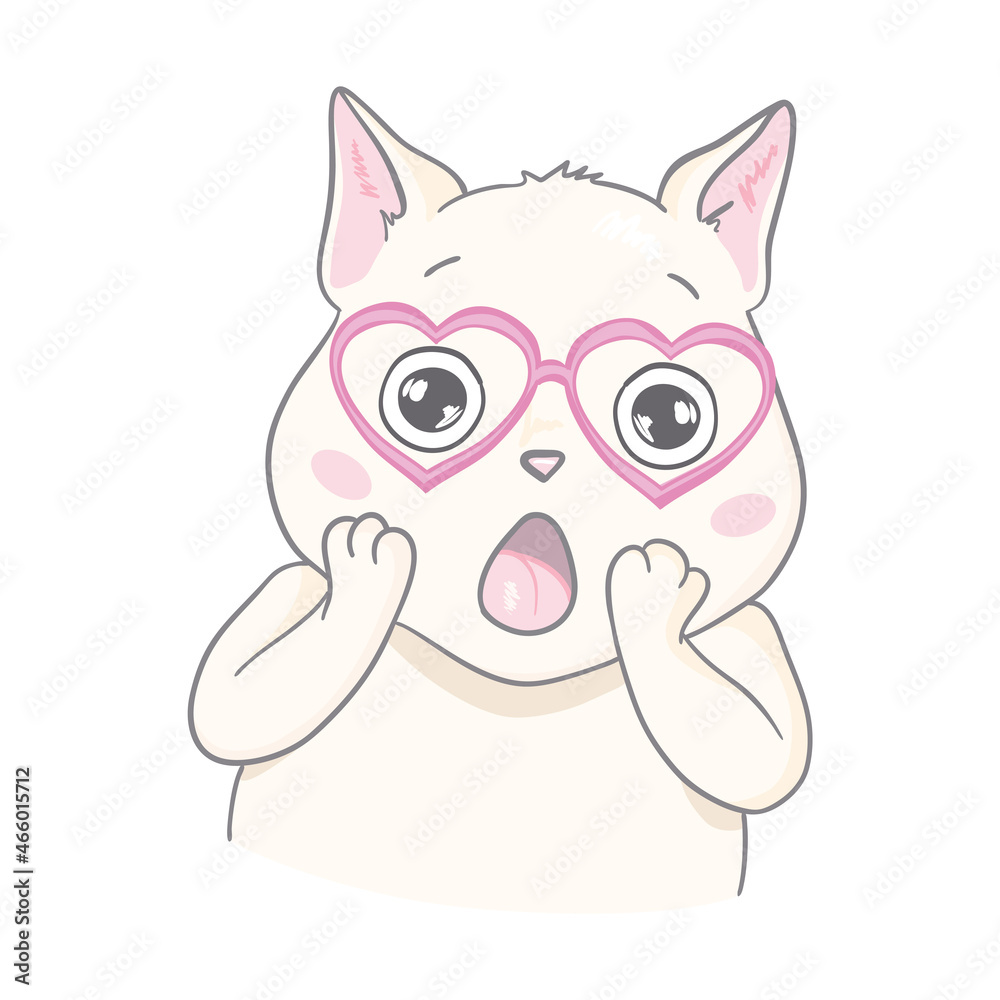 Fototapeta premium Vector cute cat illustration. Hand drawn Stylish kitten art. Doodle Kitty in glasses. Cartoon animal isolated on white.