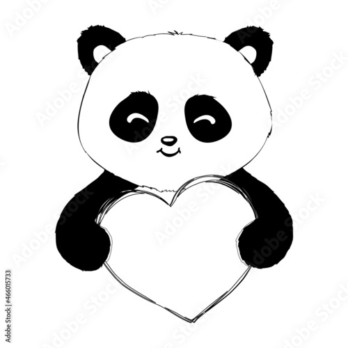 Stylized Giant panda full body drawing. Simple panda bear icon or logo design. Black and white vector illustration.