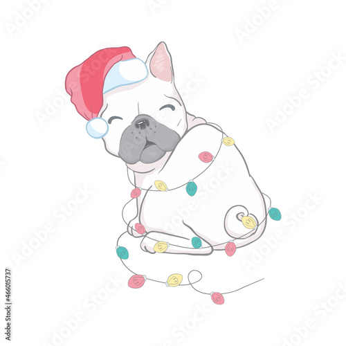 Christmas card. Poster of portrait bulldog in a Santa's hat.