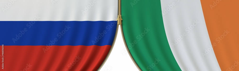 Fototapeta premium Russia and Ireland cooperation or conflict, flags and closing or opening zipper between them. Conceptual 3D rendering