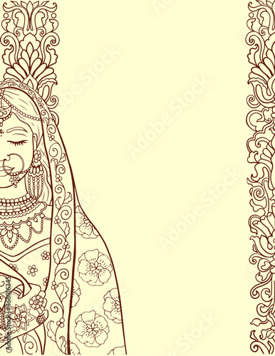 Indian bride wedding invitation template in mehndi desin style, vector