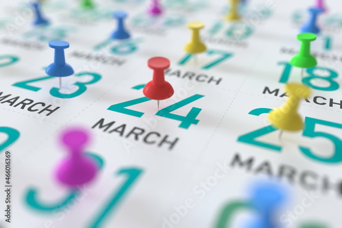 March 24 date and push pin on a calendar, 3D rendering