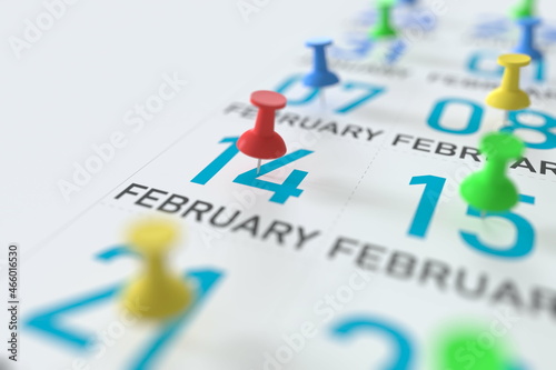 February 14 date and push pin on a calendar, 3D rendering