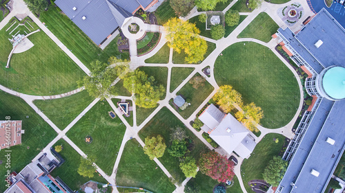 United States college campus aerial of green grounds