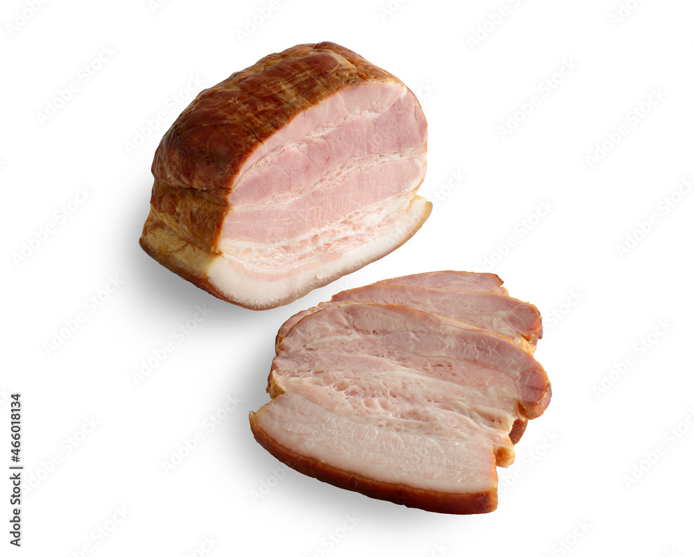 Sliced smoked pork loin, isolated on white background. Sliced smoked pork loin, isolated on white background.