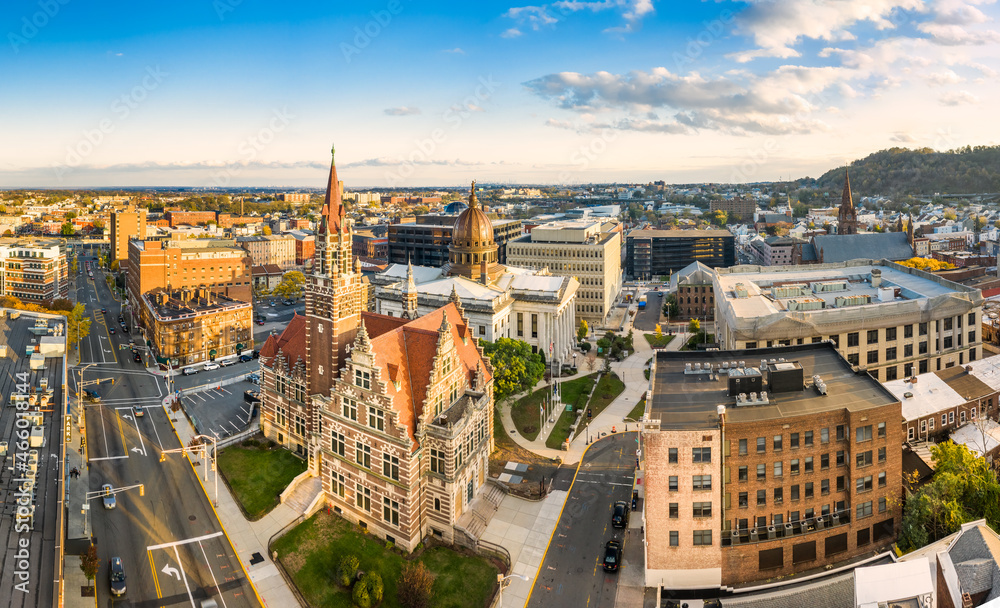 Aerial cityscape of Paterson, NJ and its old courthouse. Paterson is the county seat of Passaic County and the 3rd most populous city of NJ, with the 2nd largest muslim population in US by percentage.