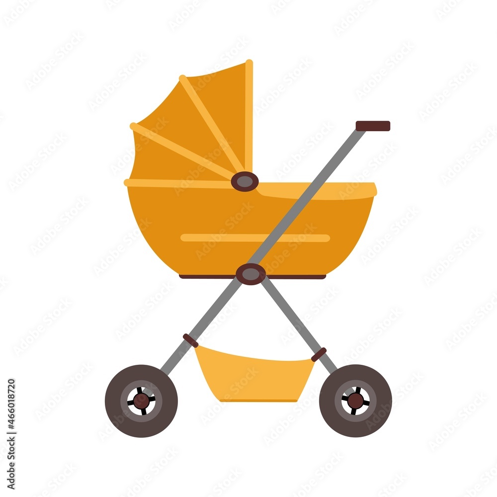 The baby stroller is yellow. Children's transport. A stroller for a newborn. Flat vector illustration, icon. The baby stroller is yellow. Children's transport. A stroller for a newborn. Flat vector illustration, icon.