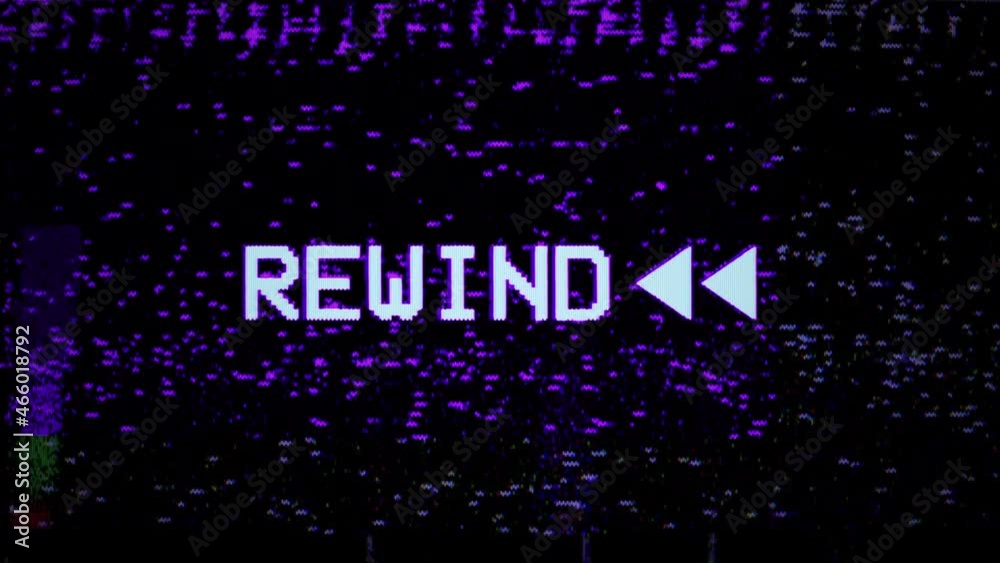 Videocassette recorder (VCR). Rewind sign, arrows. VHS defects, artifacts and noise. Glitches of old damaged tape cassettes. Static dynamic TV noise on display or screen. Retro vintage 4K texture 