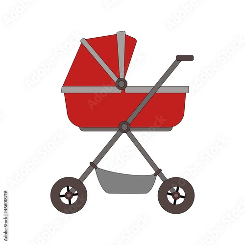 The baby stroller is red with gray. Children's transport. Flat illustration of a vector icon of a branded baby stroller for design.