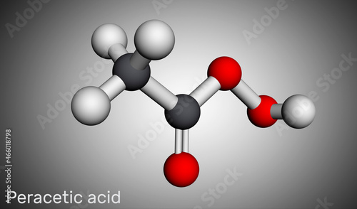 Peracetic acid, peroxyacetic acid, PAA, organic peroxide molecule. Bactericide, fungicide, disinfectant, antimicrobial agent, polymerization catalyst. Molecular model. 3D rendering photo