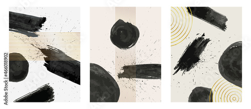 Vector illustration. Abstract contemporary aesthetic backgrounds. Design for poster, postcard, invitation, flyer, brochure cover. Room wall decor. Black watercolor paints with golden geometric lines