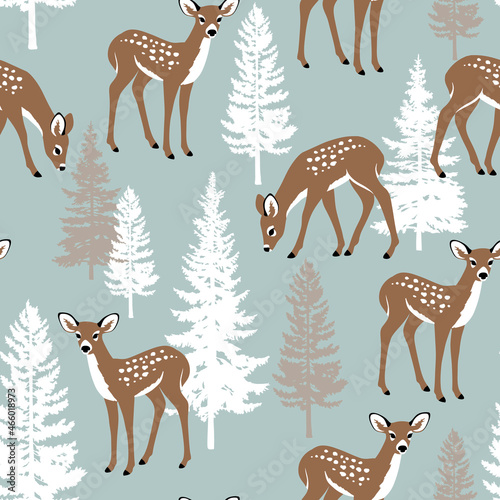 Seamless vector pattern with woodland fawn and pine trees. Perfect for textile, wallpaper or print design. 