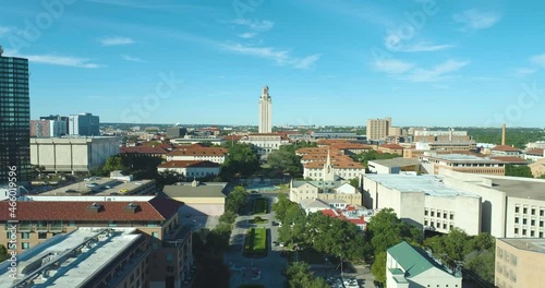 Austin UT Clock Tower at University of Texas Campus (Aerial Drone View in 4k) photo
