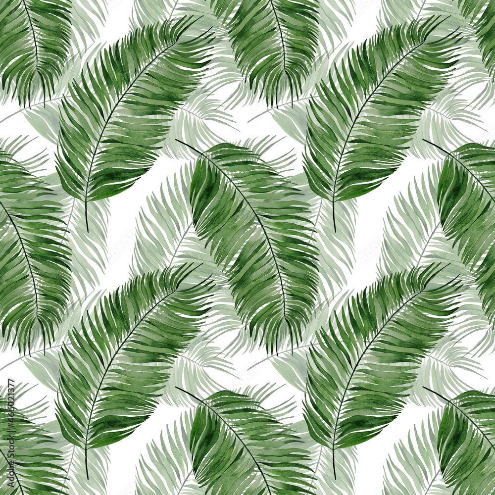 Watercolor seamless pattern with jungle palm leaves. Hand painted exotic leaves and branches on a white background. Hand drawn illustration. Floral tropical illustration for design, print, fabric