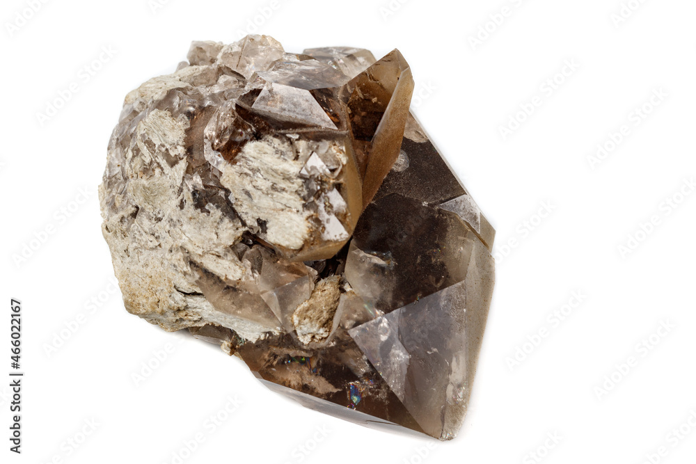 Macro mineral stone smoky quartz on a white background