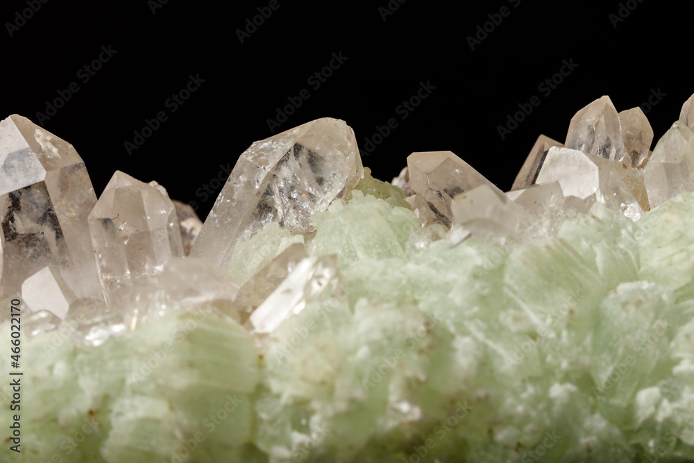 Macro mineral stone Prehnite quartz on a black background Macro mineral stone Prehnite quartz on a black background