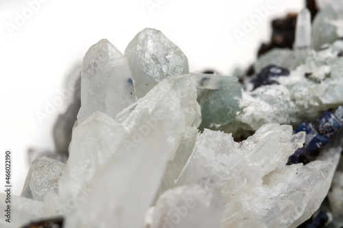 Macro mineral stone Drusus quartz with sphalerite in the rock a white background