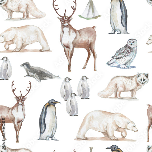 Deer animals of the north christmas new year houses watercolor hand-drawn illustration. Print textile vintage realism patern seamless owl scribe polar bear