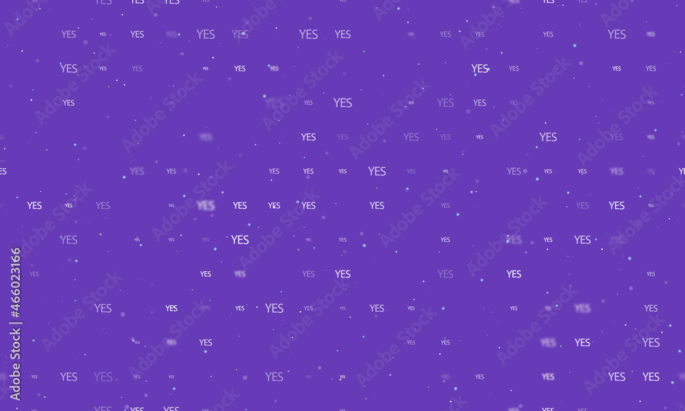 Seamless background pattern of evenly spaced white yes symbols of different sizes and opacity. Vector illustration on deep purple background with stars