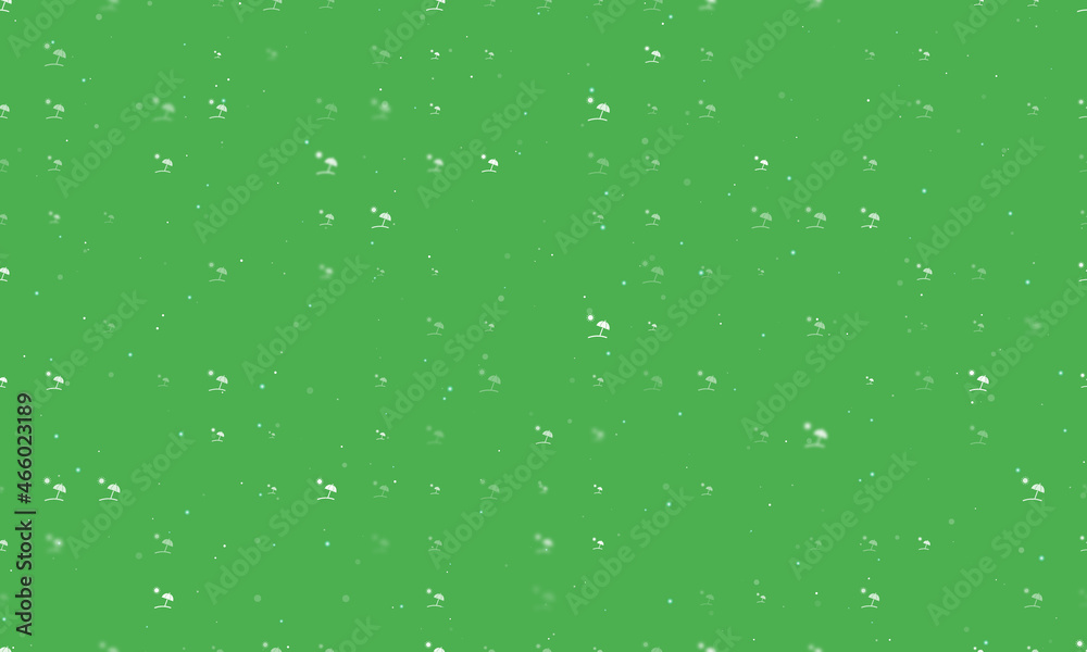 Seamless background pattern of evenly spaced white beach symbols of different sizes and opacity. Vector illustration on green background with stars Seamless background pattern of evenly spaced white beach symbols of different sizes and opacity. Vector illustration on green background with stars
