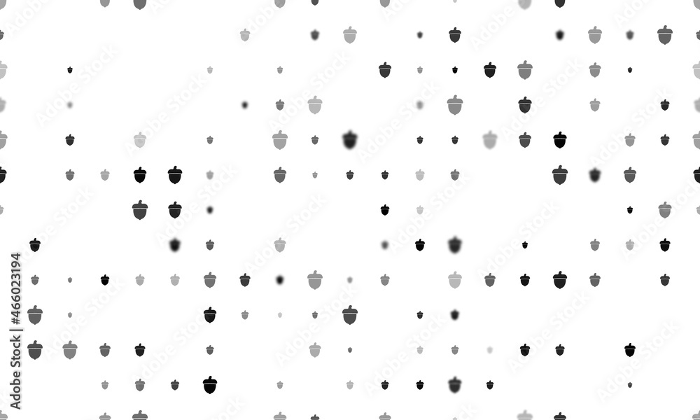 Seamless background pattern of evenly spaced black acorn symbols of different sizes and opacity. Vector illustration on white background