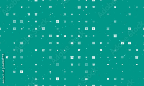 Seamless background pattern of evenly spaced white gift box with a question symbols of different sizes and opacity. Vector illustration on teal background with stars