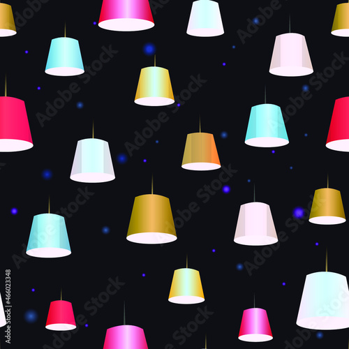 seamless abstract background with the image of multi-colored lamp shades on a blue background for prints on fabrics, packaging and for interior decoration of rooms and retail premises