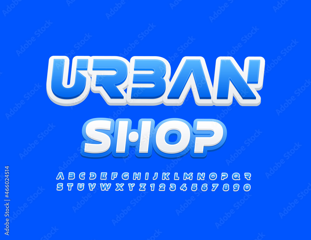 Vector modern logo Urban Shop. Abstract Blue and White Font. Bright Alphabet Letters and Numbers set