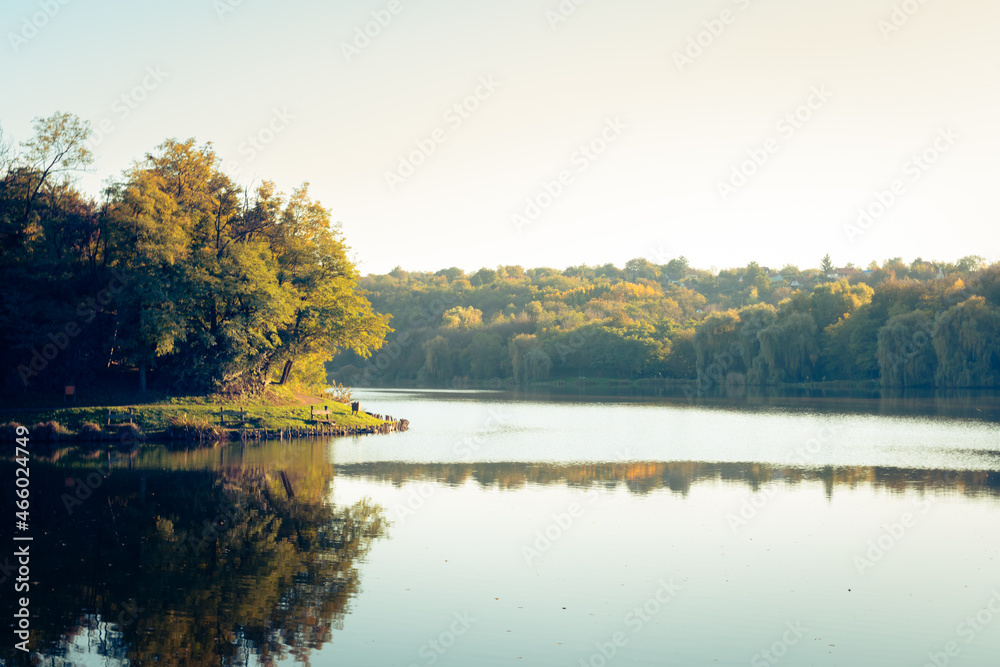 Fototapeta premium Trees reflecting in the water at the Malomvölgyi-tó in fall, Pécs, Hungary
