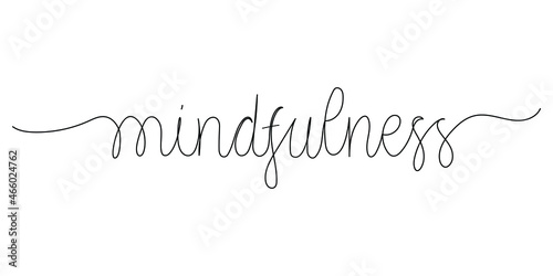 One continuous cursive mono line word - mindfulness. Hand drawn vector isolated on white background.