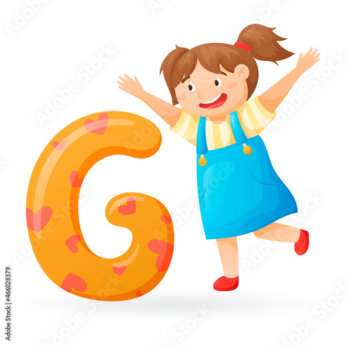 Vector isolated cartoon illustration of English alphabet letter G with picture of funny girl.