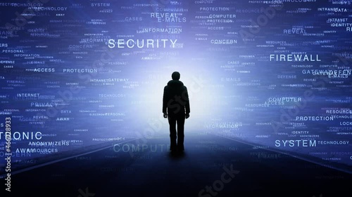 Businessman standing on an empty road with network security measures word cloud cyberspace technology background animation. photo