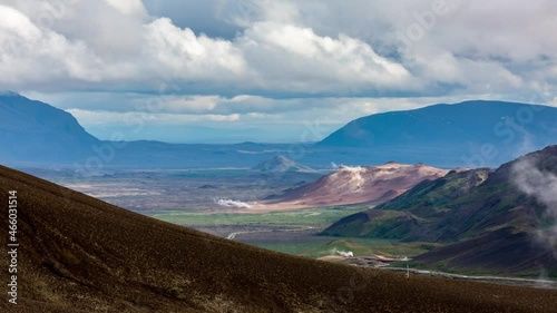 4k time lapse video of clouds moving fast on top of a valley in the highlands of Iceland.