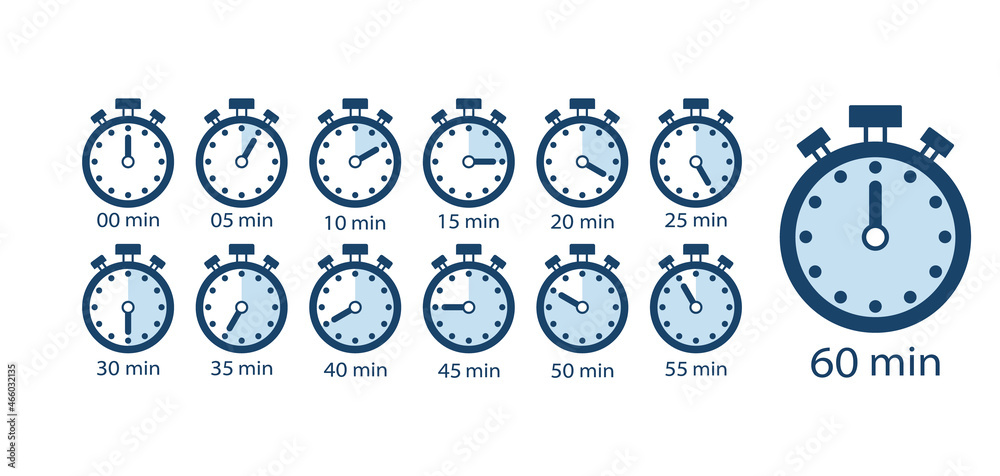 Cooking Time, Set Of Time Counter Icons From 5 Minutes To 1 Hour. Stopwatch  Timer Clock Vector Illustration Isolated Stock Vector | Adobe Stock