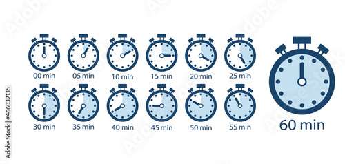 Cooking time, set of time counter icons from 5 minutes to 1 hour. Stopwatch Timer Clock Vector Illustration Isolated