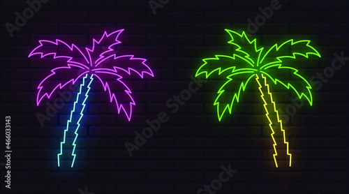 Neon colorful palm outline picture. Vector icon image. Editable color and brightness. Transparent glow