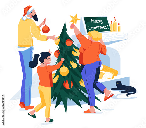 Family decorates a Christmas tree and fireplace befor Xmas, concept and vector illustration, isolated on white background. Characters girl, man and woman in house Flat Cartoon style.